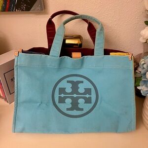 Tory Burch Teal and Burgundy Canvas Tote